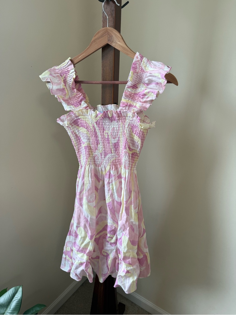 Hill House Pink and Cream Smocked Mini Dress - Picture 1 of 8